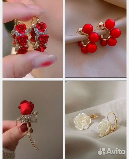 Серьги красные розы, белые розы