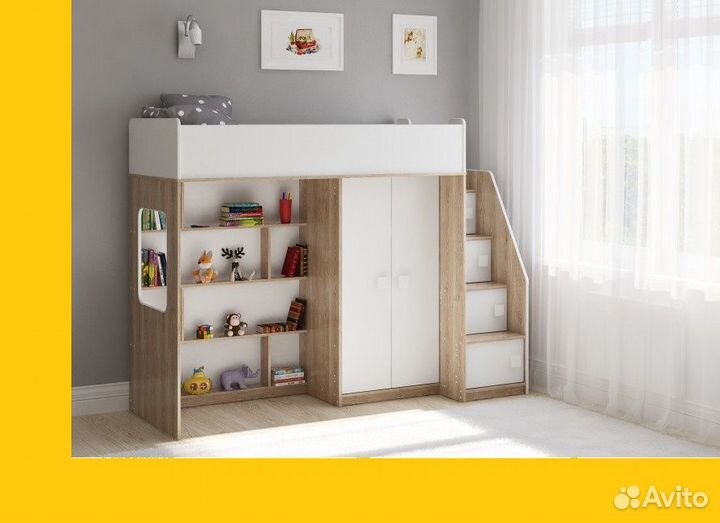 Кровать чердак с безопасной лесенкой комодом