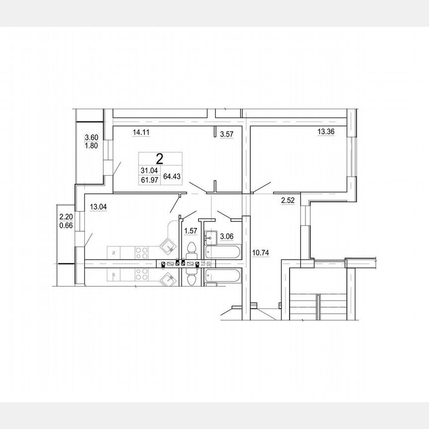 2-к. квартира, 64,4 м², 3/3 эт.
