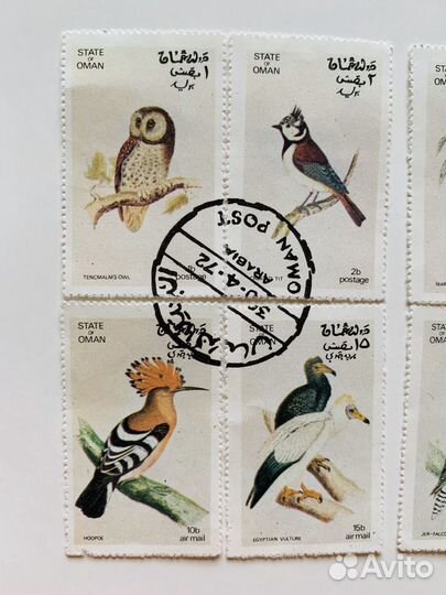 Марки Оман Лесные птицы Сова Удод Дятел 1972