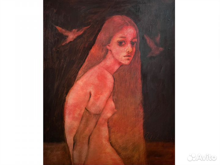 Картина маслом на холсте девушка птицы темная