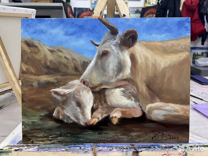 Картина маслом на холсте Коровы