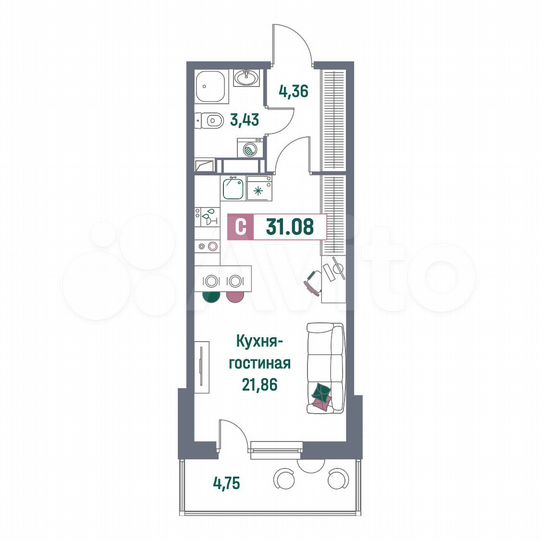 Квартира-студия, 31,1 м², 12/16 эт.