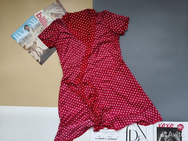 Платье на запах женское красное в горошек 46
