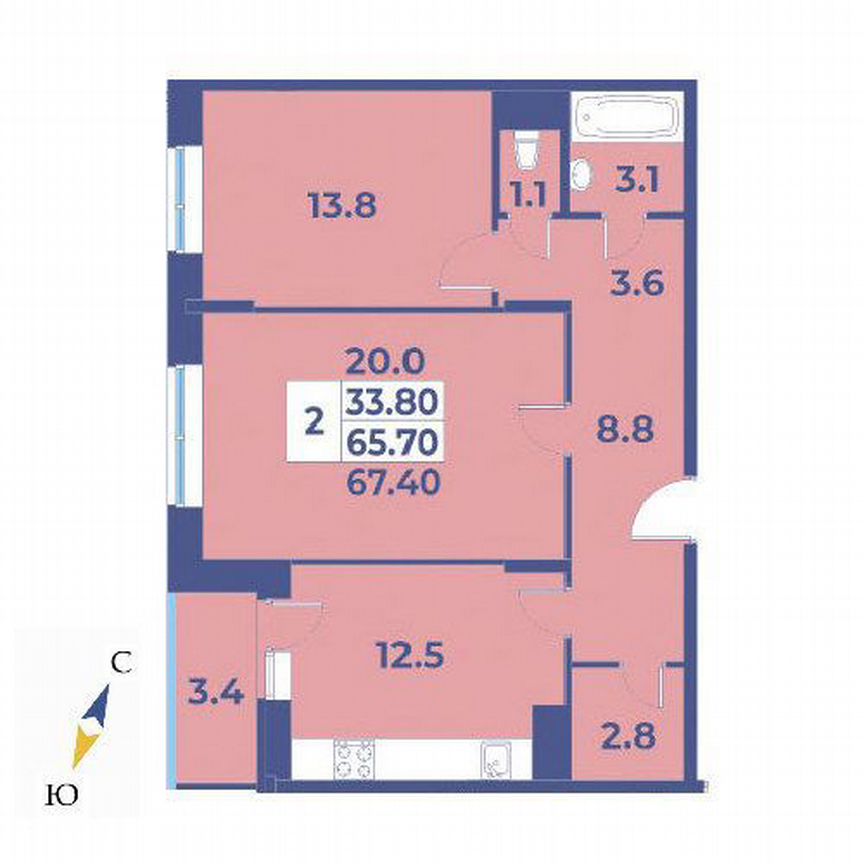 2-к. квартира, 67,4 м², 6/9 эт.