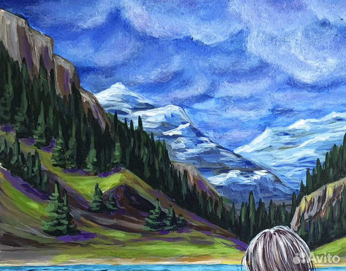 Картина Девушка в лодке с собакой на горном озере