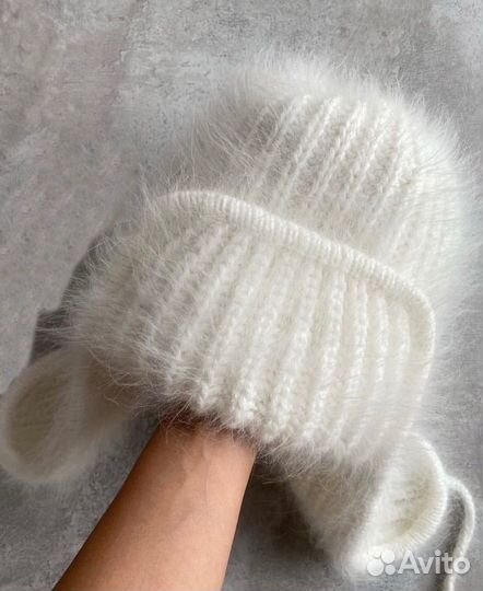 Вязаная шапка ушанка из норки