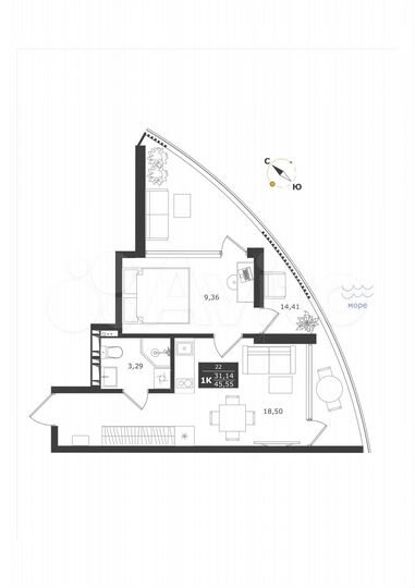 1-к. апартаменты, 45,6 м², 4/11 эт.