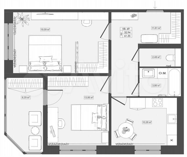 2-к. квартира, 69,6 м², 2/4 эт.