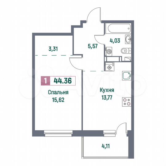 1-к. квартира, 44,4 м², 11/16 эт.