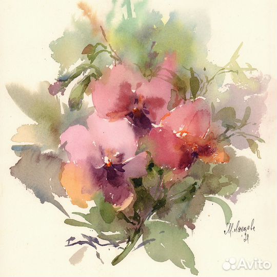 Акварель - Постер. Анютины глазки. 21х21см