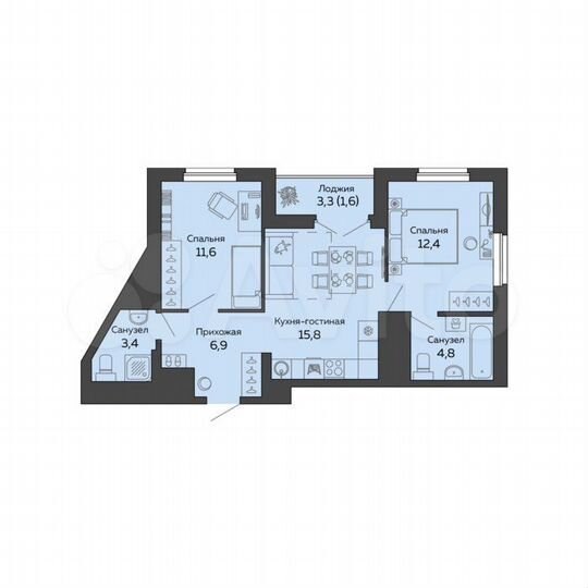2-к. квартира, 56,4 м², 8/25 эт.