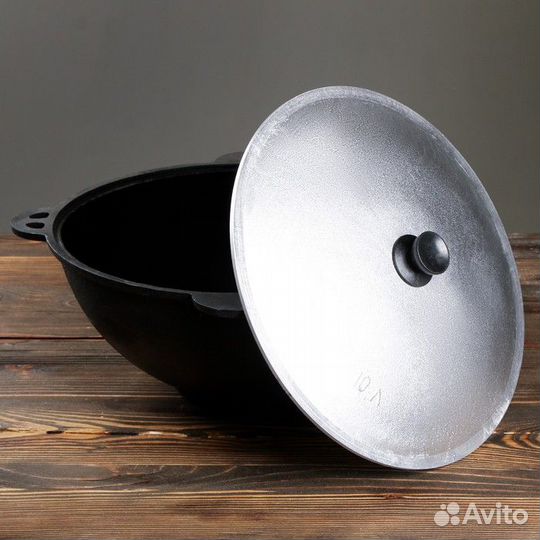 Казан чугунный, 10 л, плоское дно, алюминиевая кры