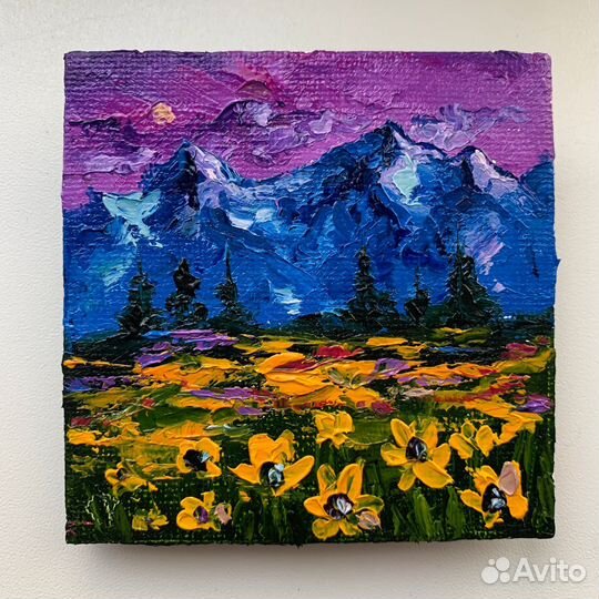Картина маслом магнитик горы пейзаж цветы