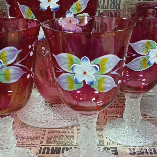 Графин с фужерами из розового Богемского стекла