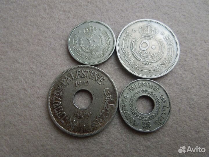 5 и 10 милс 1927 Палестина, 20 и 50 филс Иордания