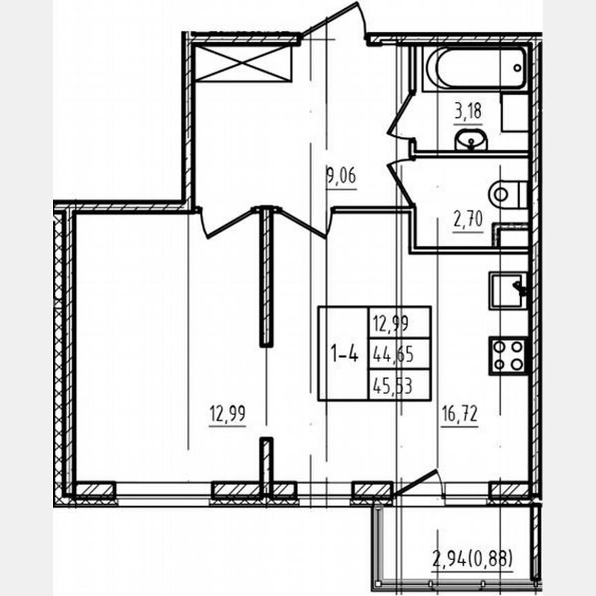 1-к. квартира, 44,7 м², 1/4 эт.