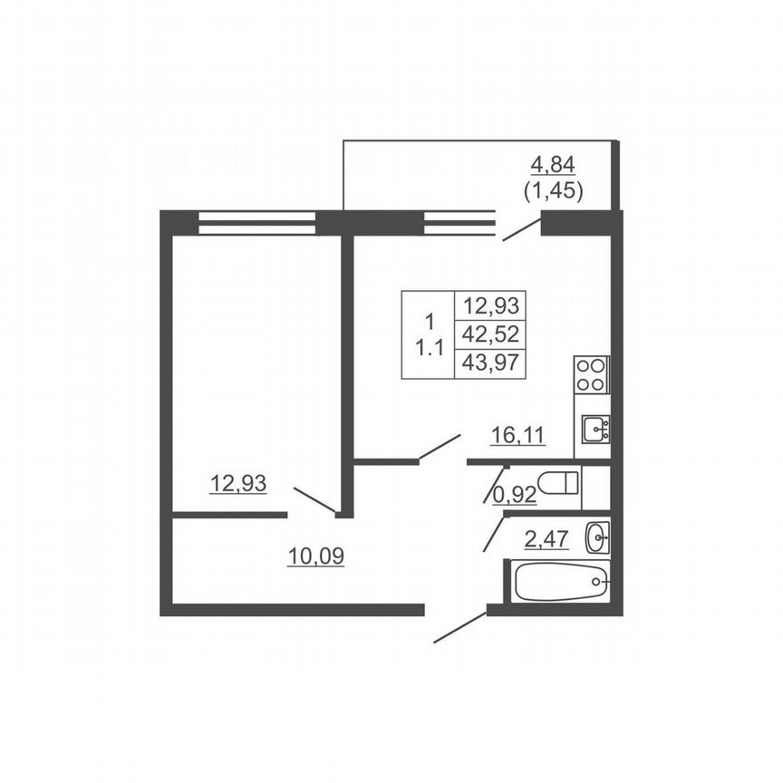 1-к. квартира, 44 м², 12/16 эт.