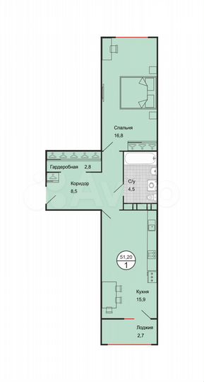 1-к. квартира, 51,2 м², 4/4 эт.