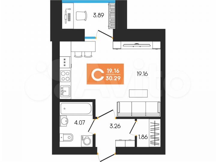 Квартира-студия, 30,3 м², 1/8 эт.