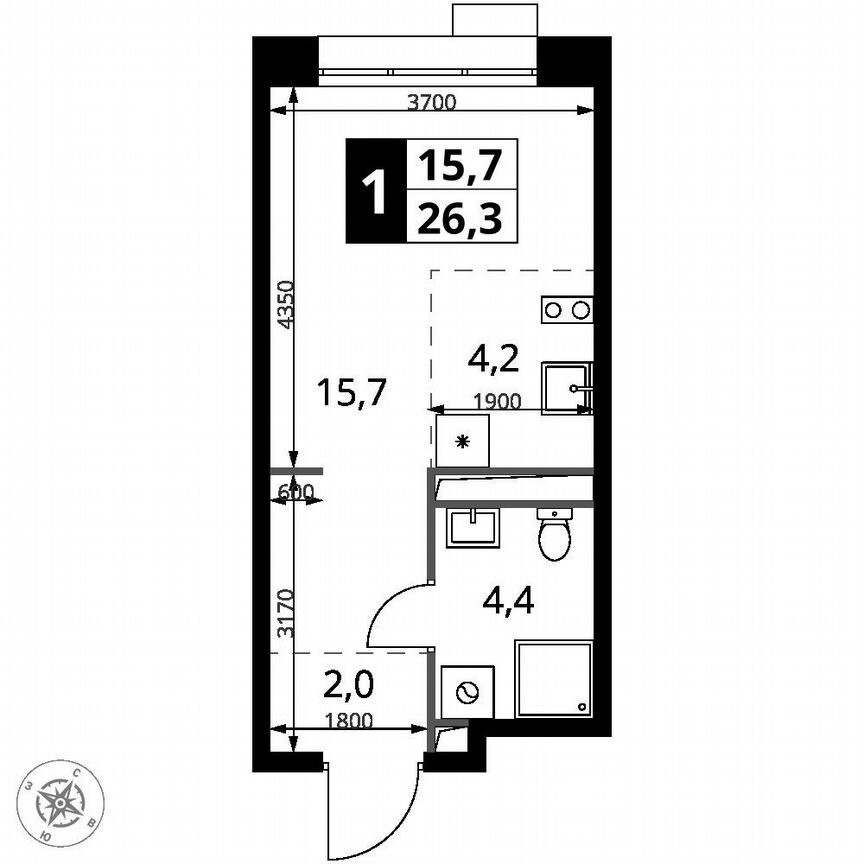 Квартира-студия, 26,3 м², 9/21 эт.