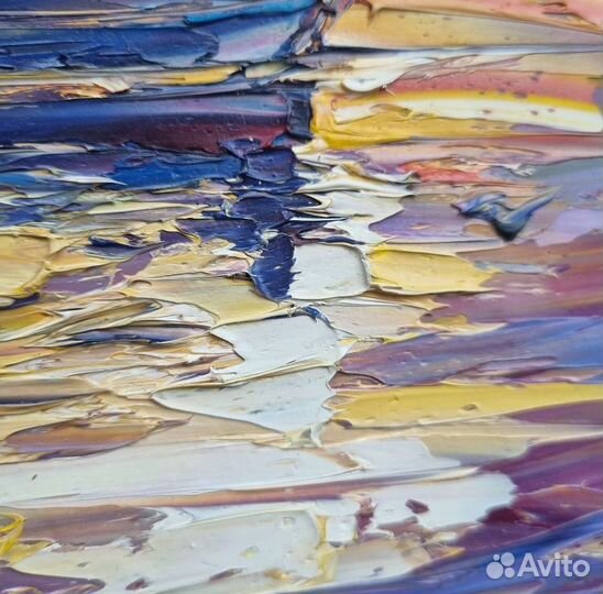 Картина маслом пейзаж с лодкой закат солнце море