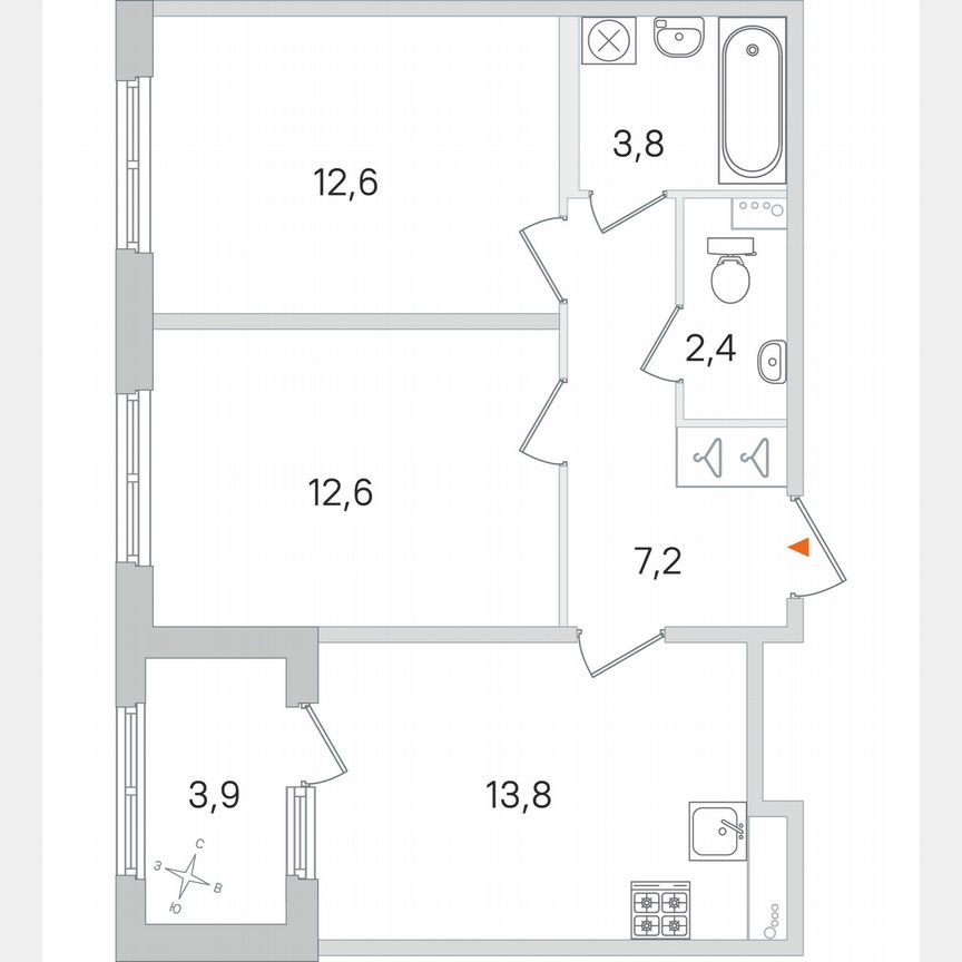 2-к. квартира, 54,4 м², 1/4 эт.