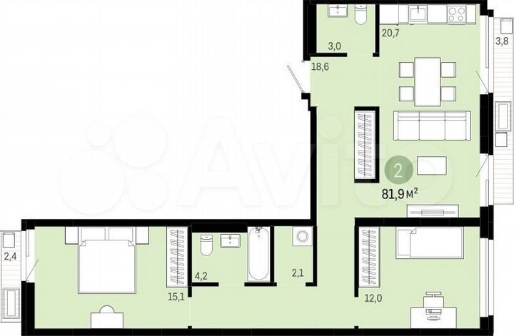 2-к. квартира, 81,9 м², 2/15 эт.