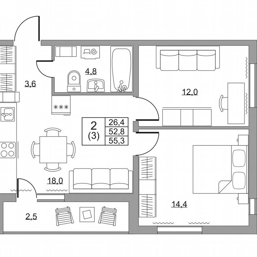 2-к. квартира, 55,3 м², 2/8 эт.