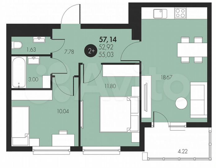 2-к. квартира, 57,1 м², 10/16 эт.