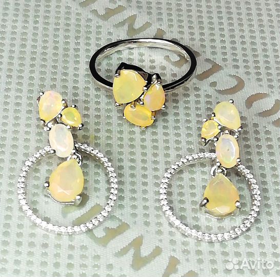 Серьги, кольцо серебро опал разм.19,0 С197