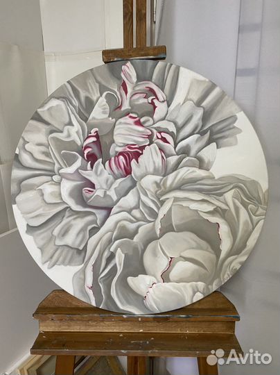 Интерьерная картина маслом «Белый пион» 70/70 см