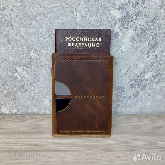 Обложка для автодокументов из кожи и дерева