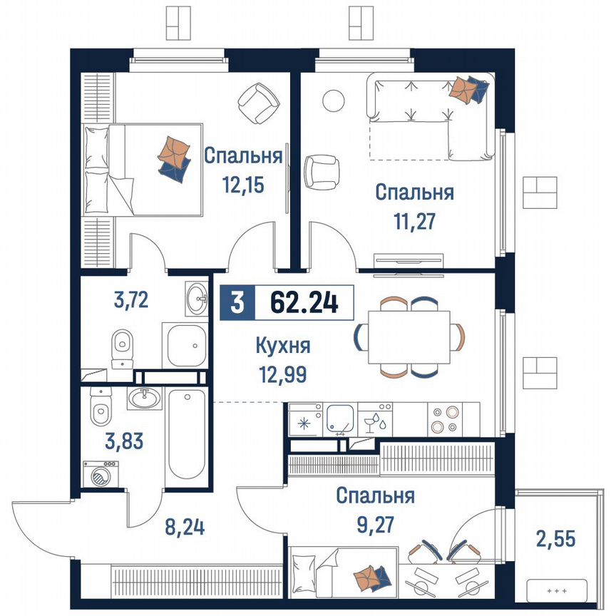 3-к. квартира, 62,2 м², 3/18 эт.