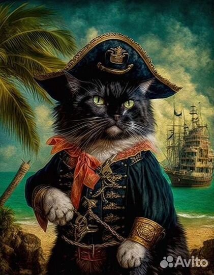 Картина маслом кот пират Детальная проработка
