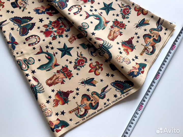 Ткань англия, винтажная, с тату орнаментом