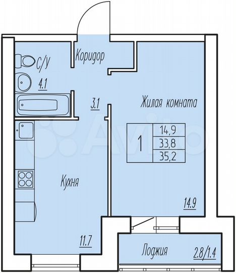 1-к. квартира, 33,8 м², 9/9 эт.