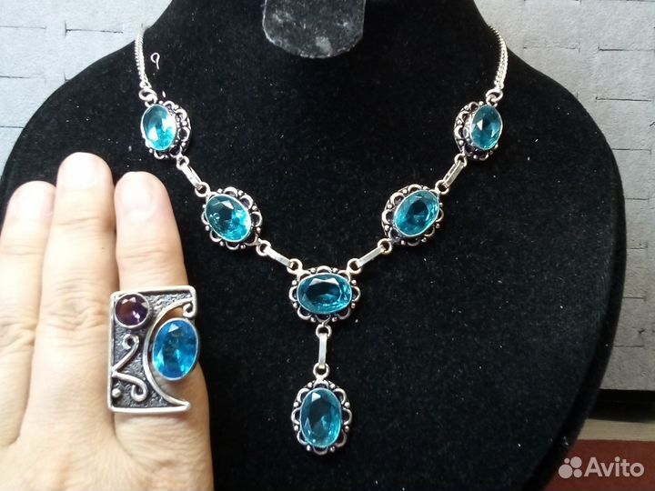 Посеребрение колье и кольцо кварц