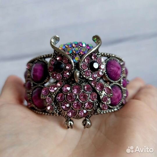 Браслет сова совушка металлический стразы