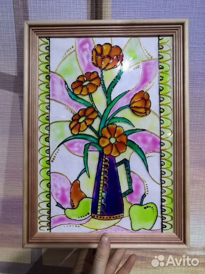 Витражная картина натюрморт цветы