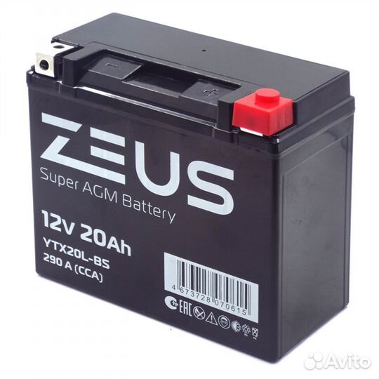 Аккумулятор zeus super AGM 20 Ач о.п YTX20L-BS