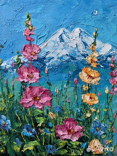 Картина гора Эльбрус розовые цветы на лугу 10*10