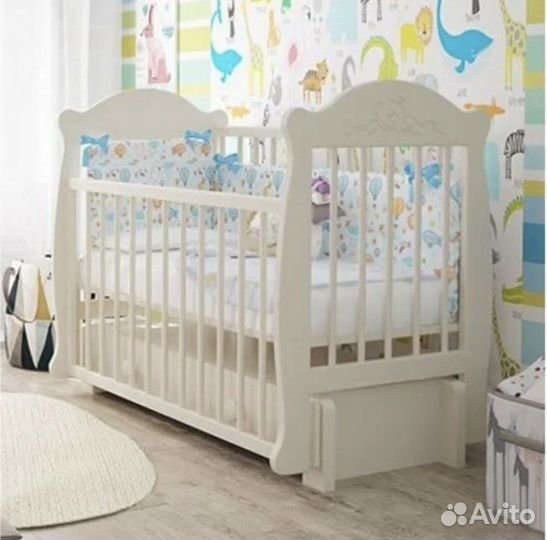 Детская кроватка с маятником и ящиком+матрас