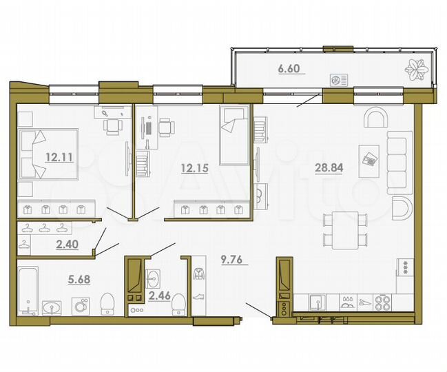 3-к. квартира, 75,4 м², 3/23 эт.