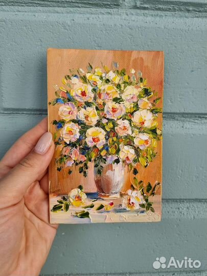 Картина маслом с цветами натюрморт миниатюра холст