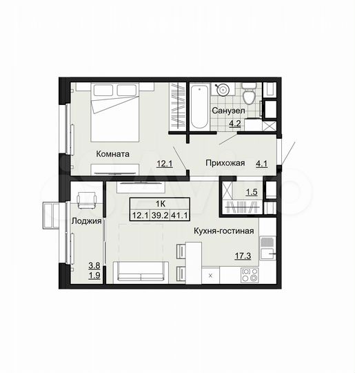 1-к. квартира, 41,1 м², 5/17 эт.