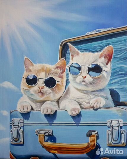 Картина маслом Котики поехали в отпуск Коты