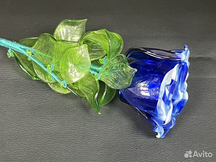 Роза Муранское стекло синяя 44,5 см винтажная