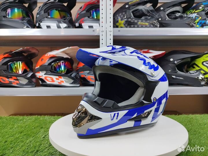 Шлем для мотоцикла-кроссовый FOX. Белый с синим