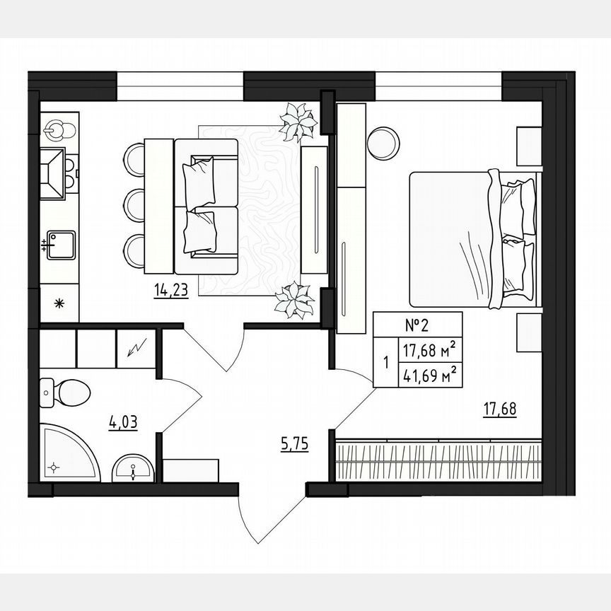 1-к. квартира, 41,7 м², 1/4 эт.